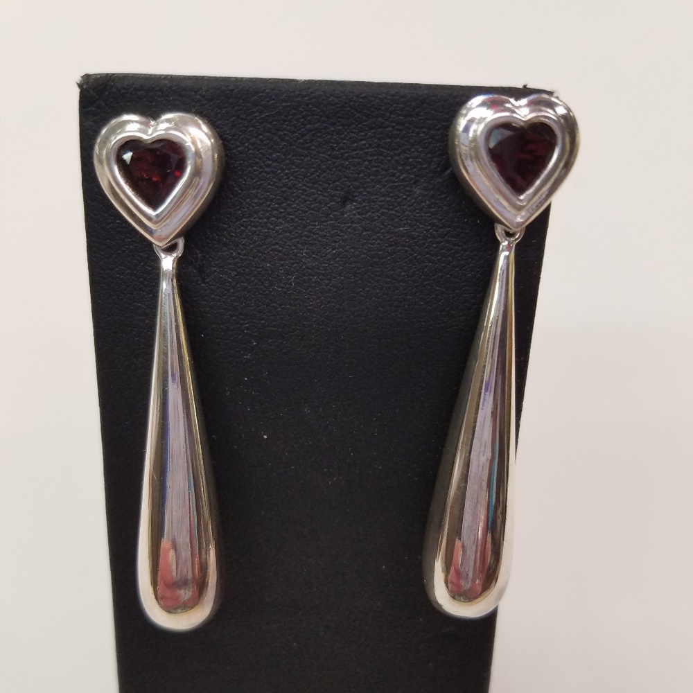 Sterling Dangle Heart Earring w/Ruby colored Stone